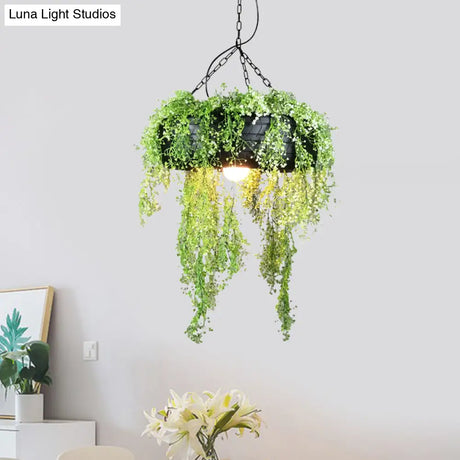 Industrial Metal Hanging Lamp Kit - Tyre Dining Room Ceiling Fixture With Vine-Inspired Fake Deco