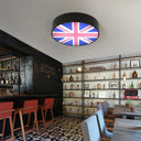 Industrial Metal Led Flush Mount Drum Ceiling Light With Flag Design Black