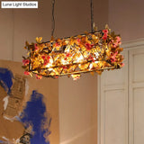 Industrial Metal Led Hanging Lamp In Pink/Brown With Flower Decoration - 4-Light Rectangle Island