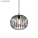 Industrial Metal Pendant Light In Satin Black - 12’/14’ Wide Globe Cage 1 Bulb Perfect For