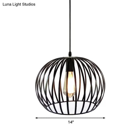 Industrial Metal Pendant Light In Satin Black - 12’/14’ Wide Globe Cage 1 Bulb Perfect For