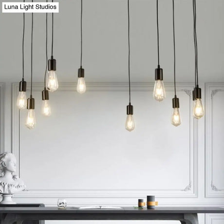 Industrial Metal Pendant Light With 10 Black Naked Bulb Heads - Perfect Garage Swag Hanging Lamp