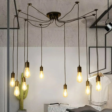 Industrial Metal Pendant Light With 10 Black Naked Bulb Heads - Perfect Garage Swag Hanging Lamp
