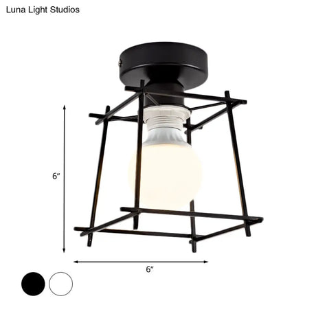 Industrial Metal Semi-Flush Ceiling Light With Wire Guard - Rotatable 1 Head Bedroom Flush Mount