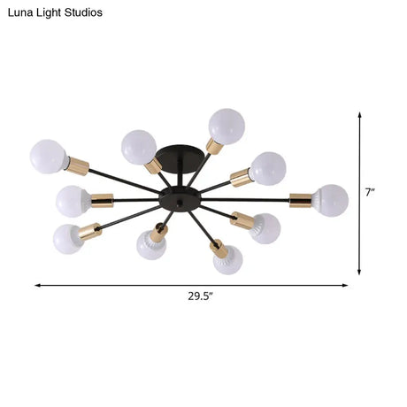 Industrial Metallic Semi Flush Light - Black Sputnik Design With 6/8 Exposed Bulbs Ceiling Mounted
