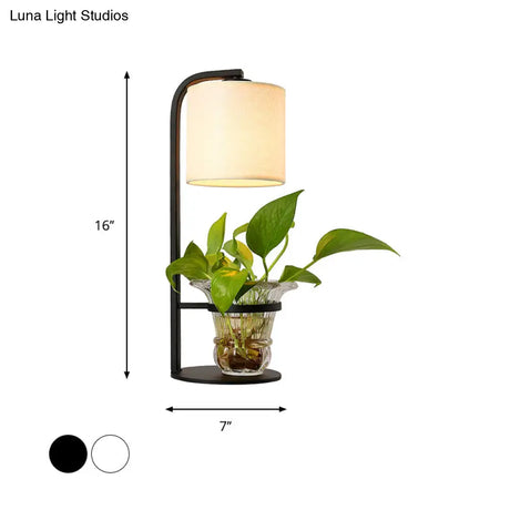 Industrial Nightstand Lamp With Black/White Fabric Clear Glass Plant Container And Night Light