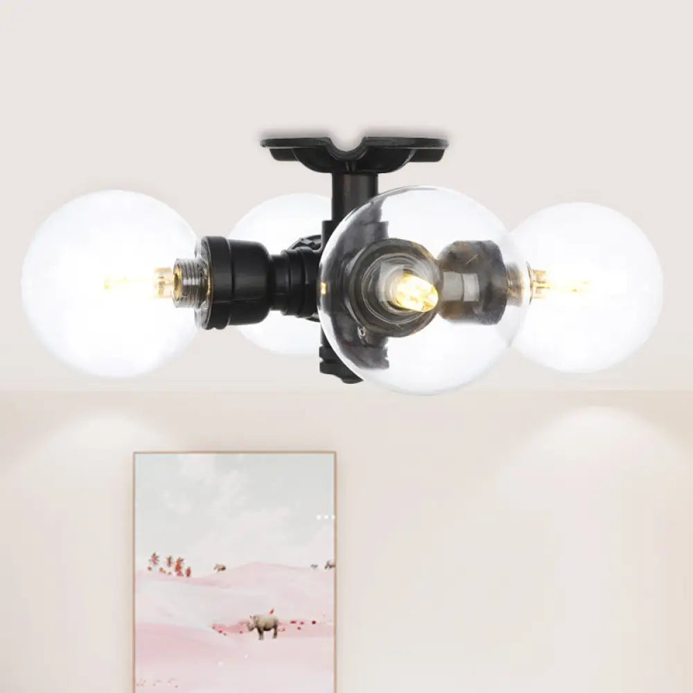 Industrial Orb Semi - Flush Clear Glass Led Lights In Black / C