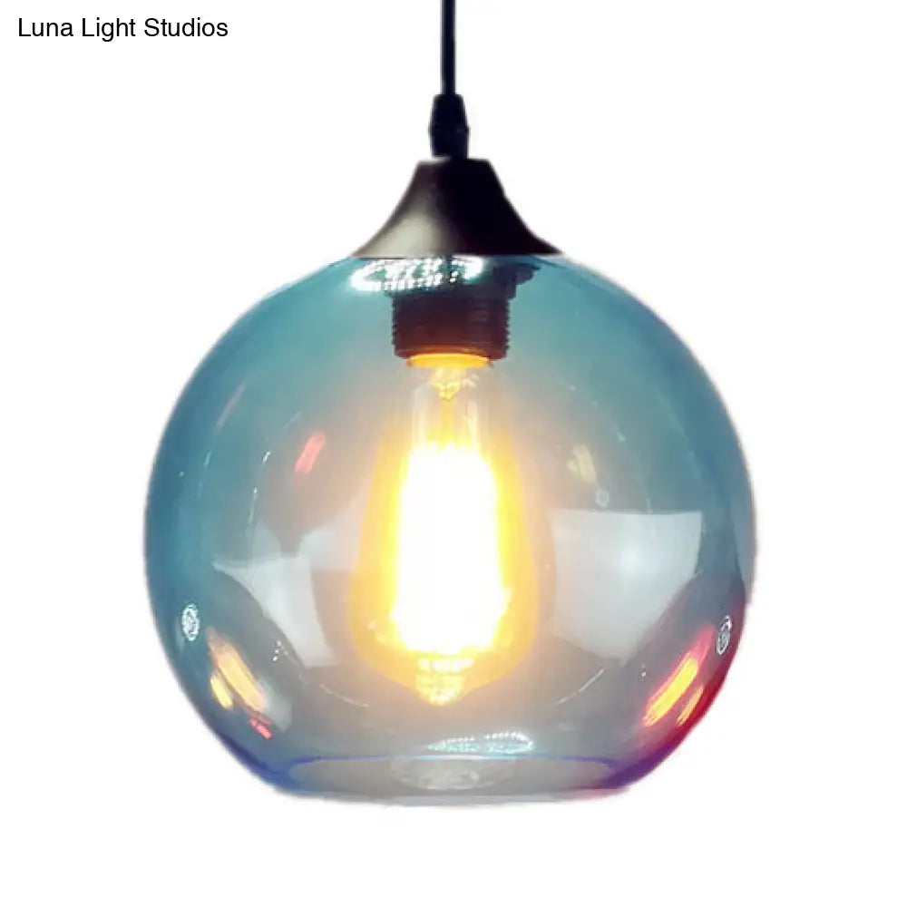 Industrial Globe Pendant Light - 8/10 Wide Grey/Red/Blue Glass Black Hanging Lamp Blue / 8