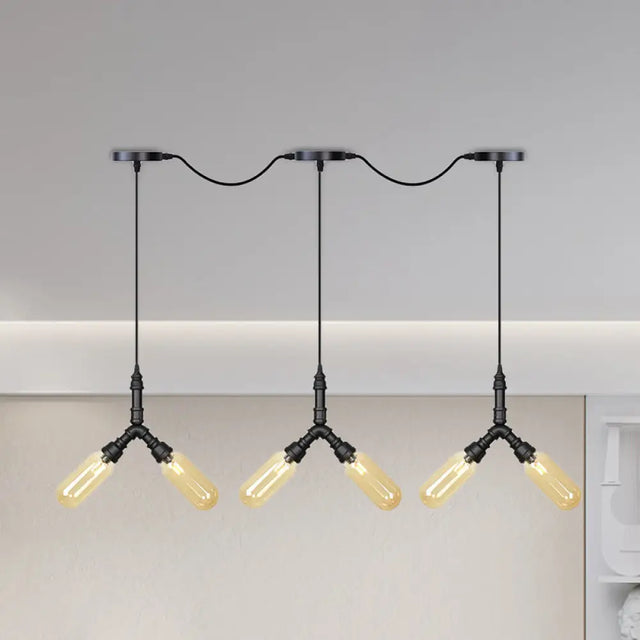 Industrial Restaurant Ceiling Light With Multi Bulbs: Tandem Pendant Lamp In Black Colored Glass