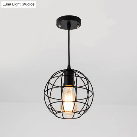 Industrial Retro Black Metal Pendant Light With Spherical Cage - Ideal For Restaurants