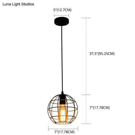 Industrial Retro Black Metal Pendant Light With Spherical Cage - Ideal For Restaurants