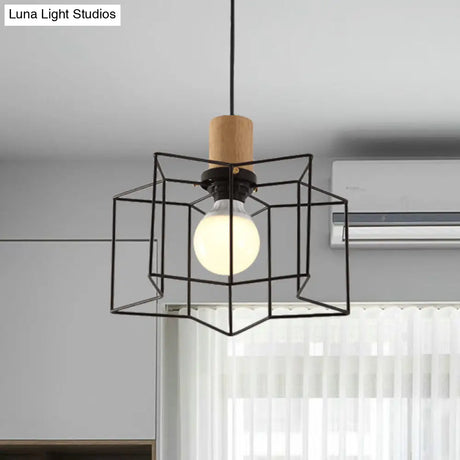 Industrial Retro Hanging Fixture - 1 Head Metal/Wood Ceiling Light With Cage Shade Black