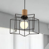 Industrial Retro Hanging Fixture - 1 Head Metal/Wood Ceiling Light With Cage Shade Black / Star