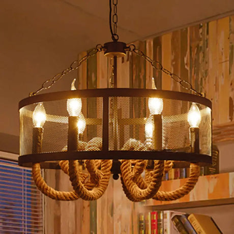 Industrial Rope Black Pendant Lamp Chandelier With 6 Candle Lights And Wire Mesh Fixture