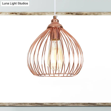 Industrial Rose Gold Gourd Pendant Light With Wire Guard - Single Hanging Ceiling