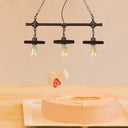 Industrial Rust Finish Gear Island Pendant With Open Bulb - 3-Light Wrought Iron Indoor Lamp
