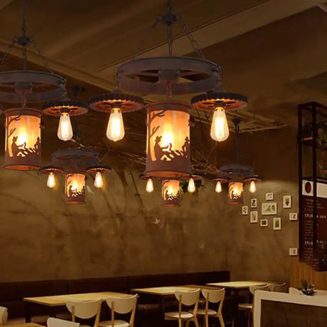 Industrial Rust Metallic Pendant Chandelier - Exposed Bulb Lighting Fixture (4-Lights)