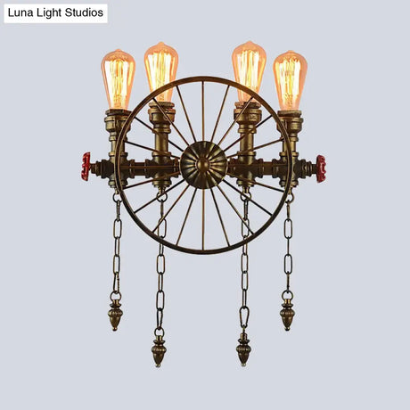 Industrial Rustic Bronze/Silver Metal Sconce Lighting - 4-Light Wheel Wall With Exposed Bulb Ideal
