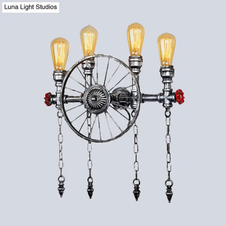 Industrial Rustic Bronze/Silver Metal Sconce Lighting - 4-Light Wheel Wall With Exposed Bulb Ideal