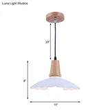 Industrial Scalloped Metal Hanging Pendant Light With Wooden Cap - White/Black