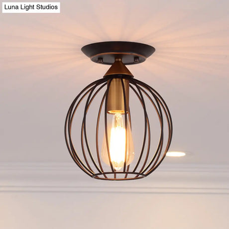 Industrial Semi Flush Ceiling Light With Caged Globe Shade - Black Metal Finish