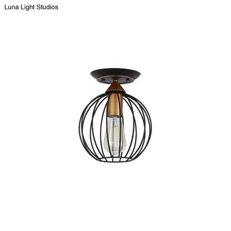 Industrial Semi Flush Ceiling Light With Caged Globe Shade - Black Metal Finish