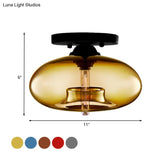 Industrial Semi Flush Ceiling Light With Oval Red/Brown/Blue Glass Shade - Black Finish Ideal For