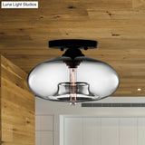 Industrial Semi Flush Ceiling Light With Oval Red/Brown/Blue Glass Shade - Black Finish Ideal For