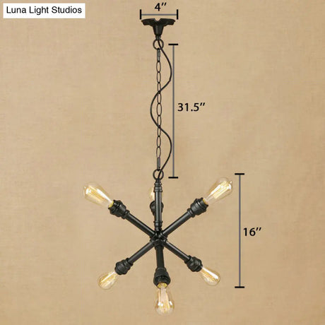 Industrial Sputnik Pendant Chandelier In Black With 6-Light & Water Pipe Detail