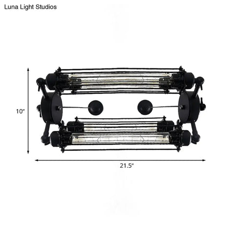 Industrial Style 4-Light Chandelier with Tube Cage Shade - Vertical/Horizontal Indoor Hanging Lamp in Black