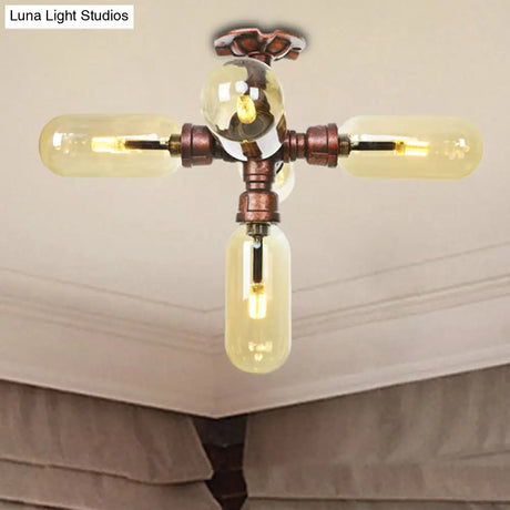 Industrial Style Amber Glass Semi Flush Mount Ceiling Light With Weathered Copper Finish - 3/4/5