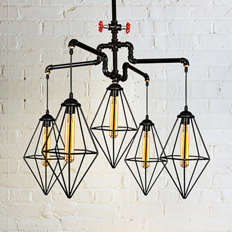Industrial Style Black Metallic Chandelier With 5-Light Diamond Cage Shade