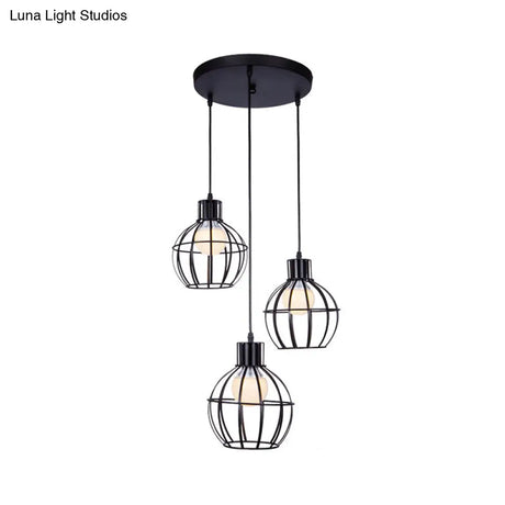 Industrial Style Black Pendant Light With 3 Bulbs Wire Globe Shade - Ideal For Dining Room