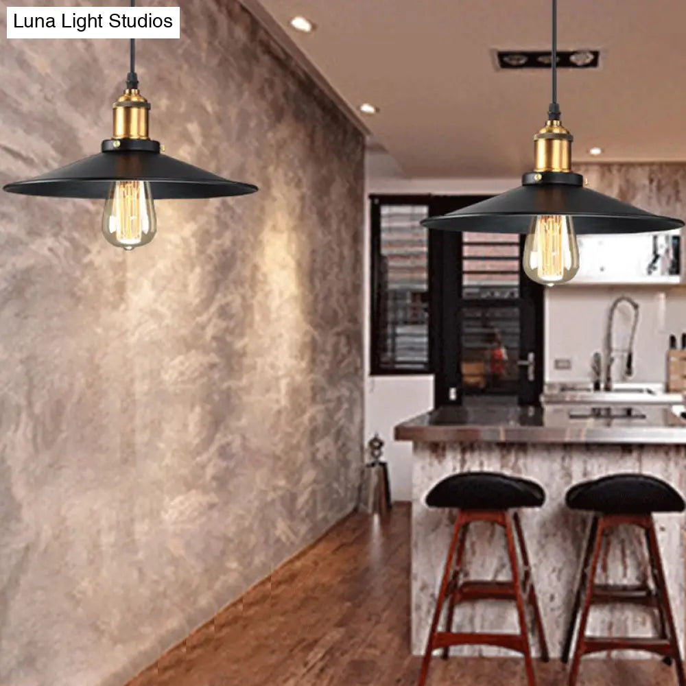 Industrial Style Black Vintage Hanging Light Fixture With Metal Saucer Shade And Brass Lamp Socket -