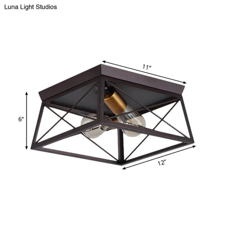 Industrial Style Metal Flush Ceiling Light Fixture - 10’/12’ Wide 2 Bulbs Coffee Tone Ideal For