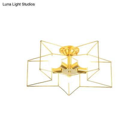 Industrial Style Metal Star Cage Flush Mount In Gold - Bedroom Ceiling Lighting