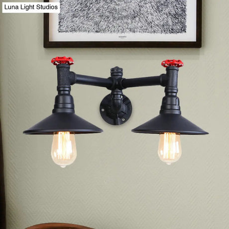 Industrial Style Sconce Light With Cone Shade Valve Wheel And Pipe In Black (2 Bulbs)