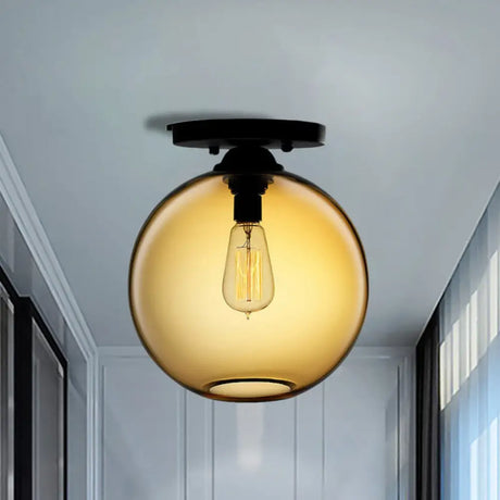 Industrial Style Semi-Flush Ceiling Light With Globe Shade In Red/Brown/Blue Glass For Dining Room