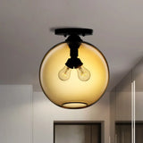 Industrial Style Semi-Flush Ceiling Light With Globe Shade In Red/Brown/Blue Glass For Dining Room
