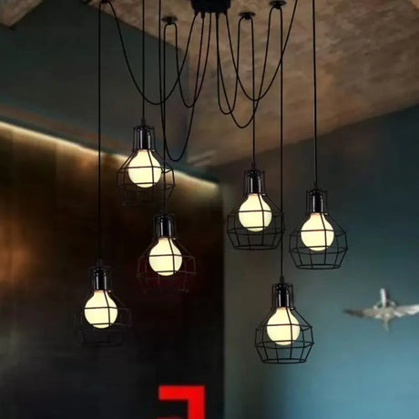 Industrial Style Spider Pendant Hanging Light - 6 Bulbs Black/Gold Iron Dining Room Ceiling Lamp