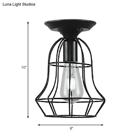 Industrial Stylish Black Iron Ceiling Lamp - Oval/Bell Cage Design 1 Head Semi Flush Pendant Light