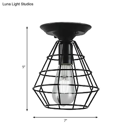 Industrial Stylish Black Iron Ceiling Lamp - Oval/Bell Cage Design 1 Head Semi Flush Pendant Light