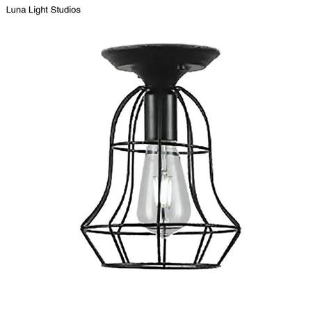 Industrial Stylish Black Iron Ceiling Lamp - Oval/Bell Cage Design 1 Head Semi Flush Pendant Light
