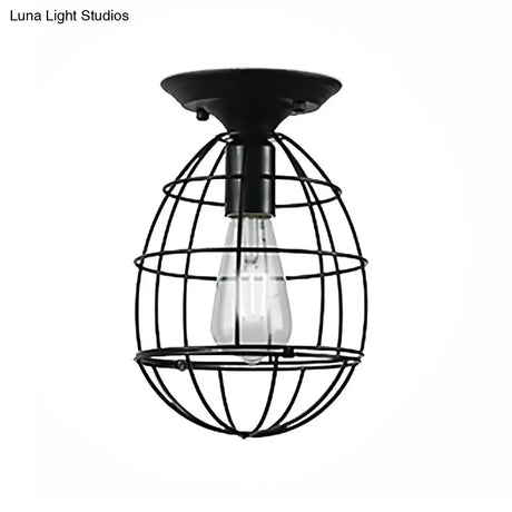 Industrial Stylish Black Iron Ceiling Lamp - Oval/Bell Cage Design 1 Head Semi Flush Pendant Light