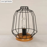 Industrial Stylish Table Lamp With Wire Guard For Bedroom - Metal And Wood Task In Black