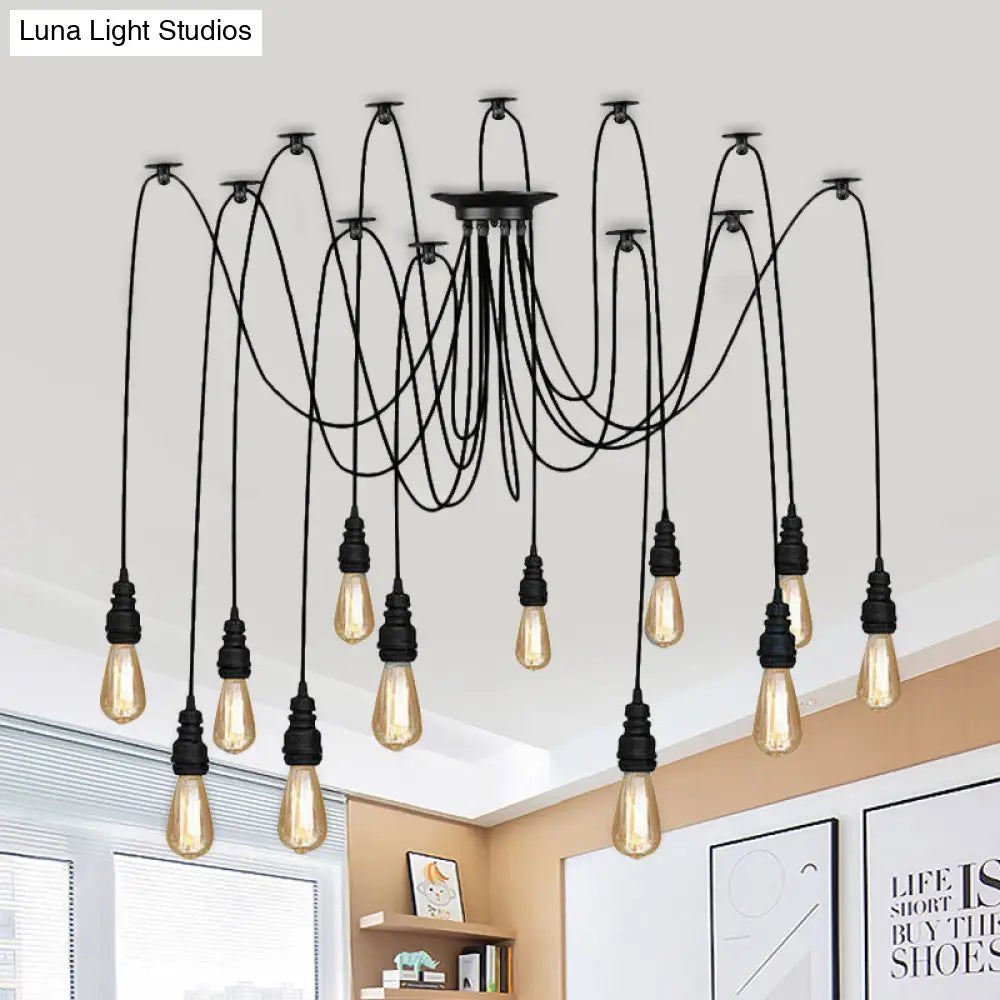 Industrial Swag Hanging Lamp With Exposed Bulb - Black Metal Pendant Light (2/3 Heads)