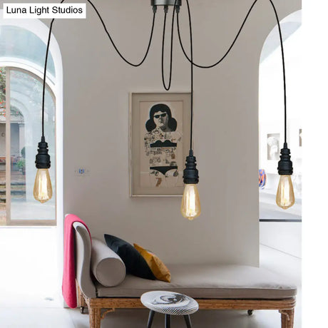 Industrial Swag Hanging Lamp With Exposed Lights - Black Metal Pendant Light For Kitchen (2/3/6