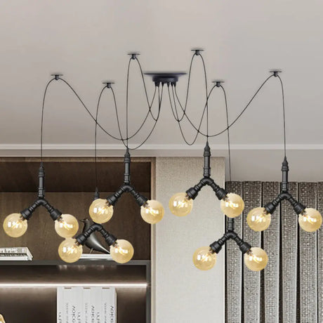 Industrial Swag Pendant Light - Amber Glass Globe Multiple Ceiling Lights Led Black Finish Perfect