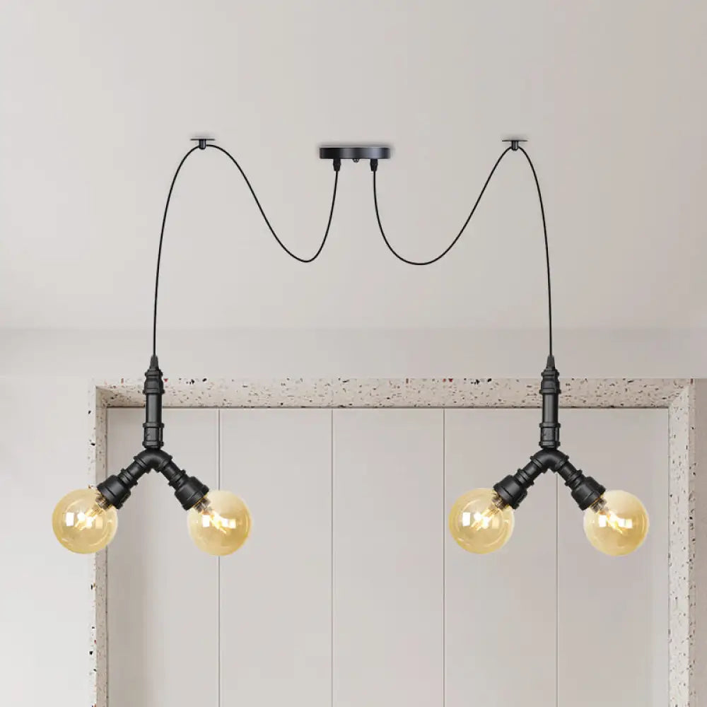 Industrial Swag Pendant Light - Amber Glass Globe Multiple Ceiling Lights Led Black Finish Perfect