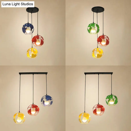 Industrial Tellurion Cage Pendant Light With 3 Lights Metal Suspension In White/Blue